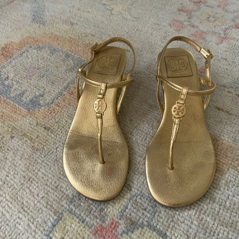 Tory Burch Gold Metallic T-Strap Sandals
